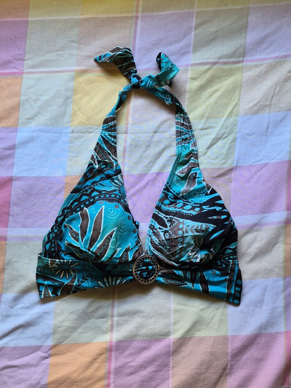 Turquoise Floral Halter Bikini Top with Decorative Ring